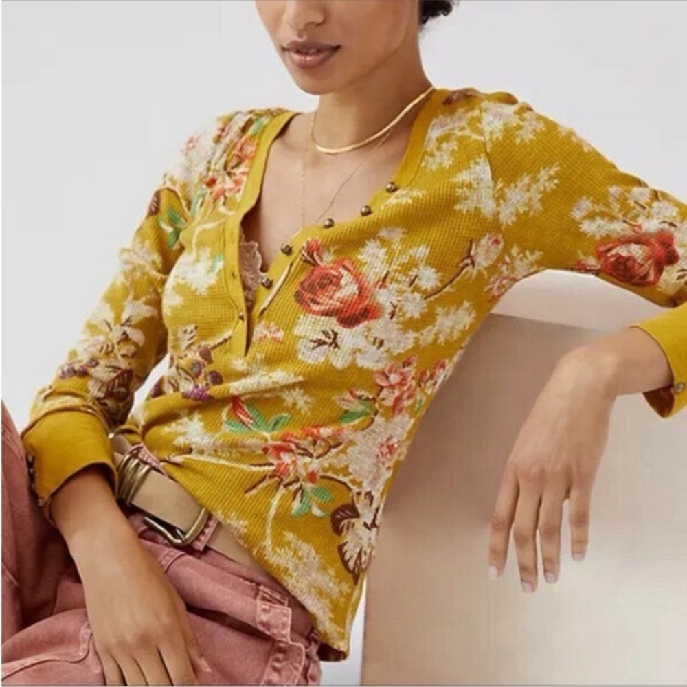 Pilcro Mustard Floral Ribbed Henley Sweater